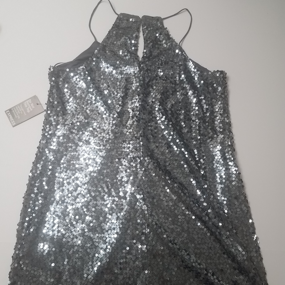 Express Silver Sequin Keyhole Back Dress